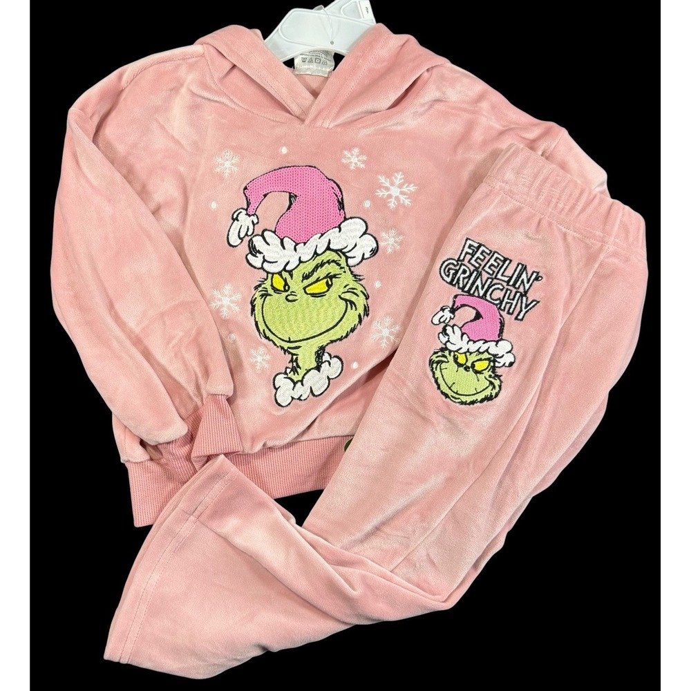 Dr. Seuss The Grinch 3T Pink Velour Hoody Jogger Sweatsuit Set Christmas PJ's